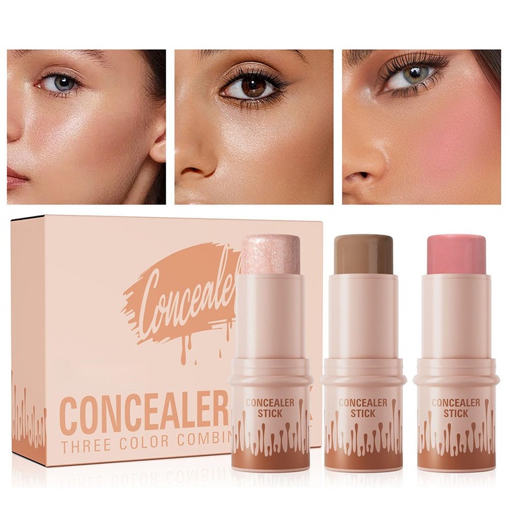 Contur multifunctional, iluminator, set fard de obraz, rezistent la apa, de lunga durata, 3 bucati, 82g