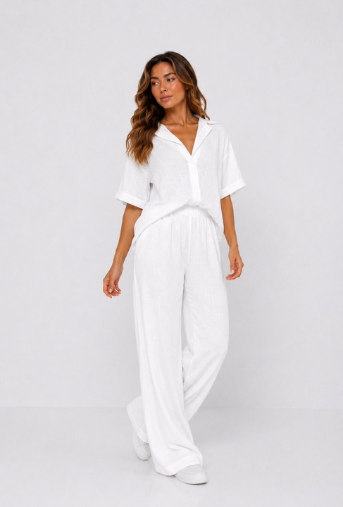 Set dama din in 100% Agatha Studio, alb – camasa + pantaloni Regular Fit, lejer si elegant pentru vara One Size
