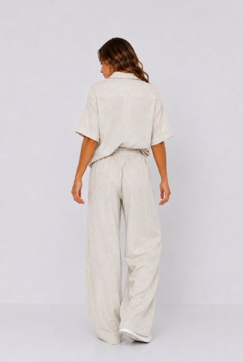 Set dama din in 100% bej CELEBRYTKA Agatha Studio – camasa lejera si pantaloni largi, elegant si confortabil pentru vara One Size