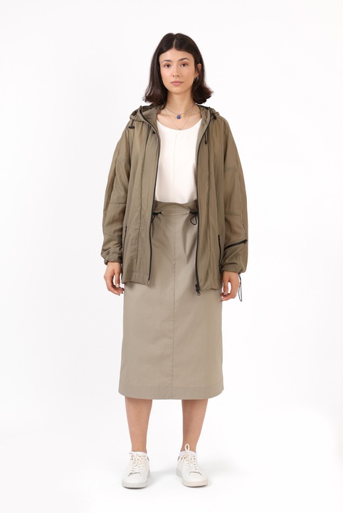 Colectie Perfect 10 by Nadia, Geaca parka unisex, subtire, cu fermoare Aqua guard si snururi de ajustare, Bej