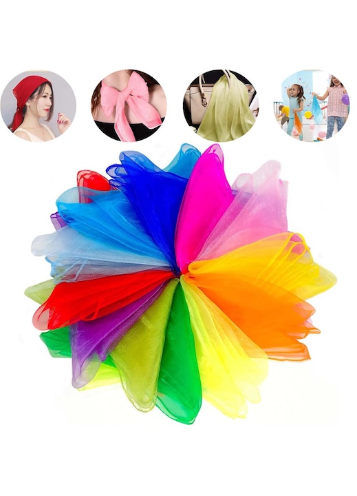 Set 12 esarfa de dans multifunctionala, 15 culori, potrivite pentru si performanta dansului copiilor, jocuri interactive si alte activitati creative, putand fi folosite si ca accesorii vestimentare, accesorii pentru par sau decoratiuni pentru genti