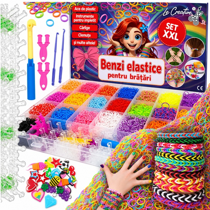 Set bratari elastice pentru copii, 12000+ piese, kit creativ bijuterii DIY cu clipsuri, crosete si cutie organizatoare