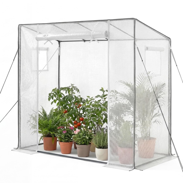 Sera de gradina tip solar, Kit cu acces pietonal, 195 x 77 x 168 cm, Ferestre, Usa cu fermoar rulou, Folie PE durabila, Portabila, Pentru exterior