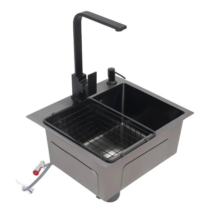 Chiuveta de bucatarie, Cu o cuva, Otel inoxidabil, 45×40×20 cm, Montaj pe blat, Cu baterie, Cos de scurgere 34×23 cm, Gri inchis