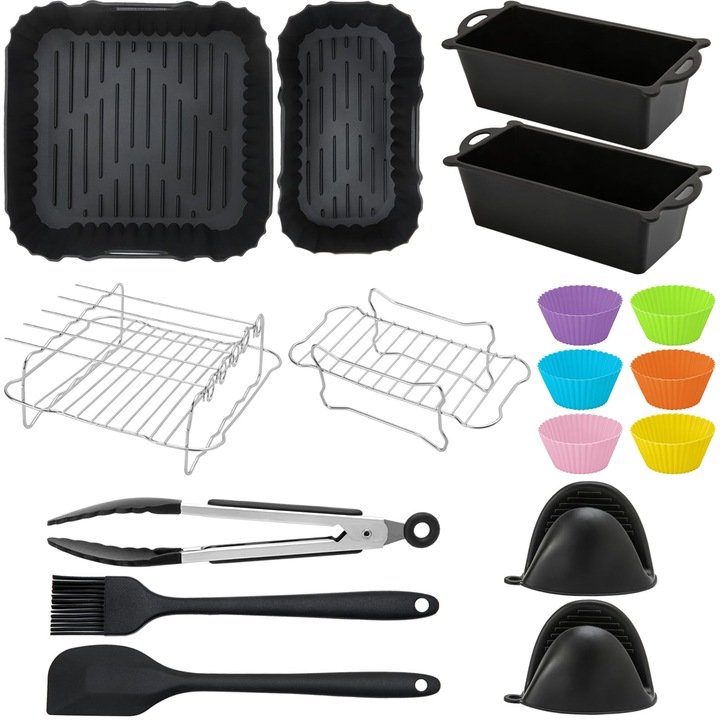 Set Accesorii Air Fryer 22 Piese pentru Friteuza cu Aer Cald, Silicon BPA Free și Inox 304, Compatibil Philips Dual Basket 3000/5000, Ninja Dual Zone, Cosori 9L, Forme Brioșe, Frigărui, Gratare, Mănuși, Clește, Reutilizabil