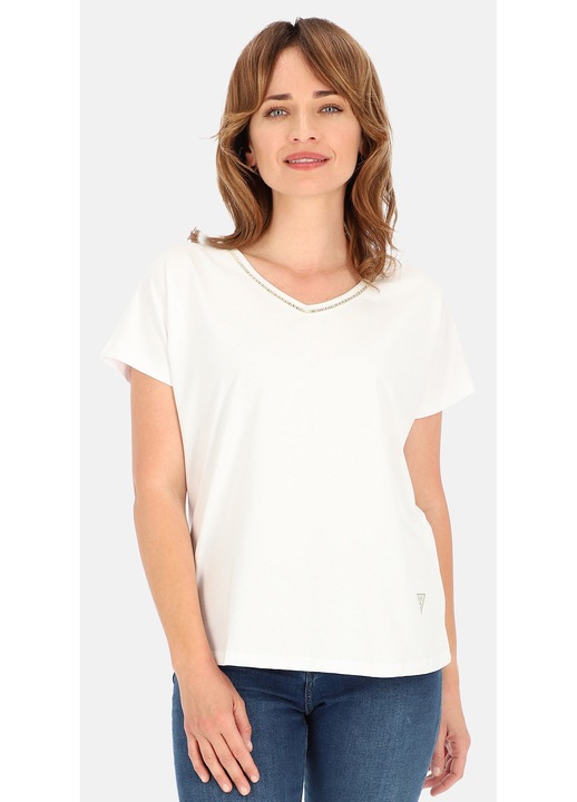 Tricou dama, Perso, alb, bumbac cu broderie ajurata si fir auriu