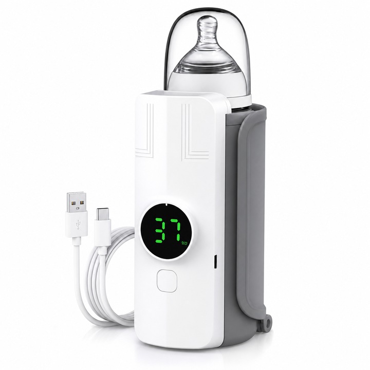 Incalzitor Biberon/Biberoane Portabil IdealTI cu Display Digital, 37–55°C Reglabil, Baterie 2000mAh, USB-C, Termostat Inteligent, incalzire rapida 18W, Compatibil Universal, alb