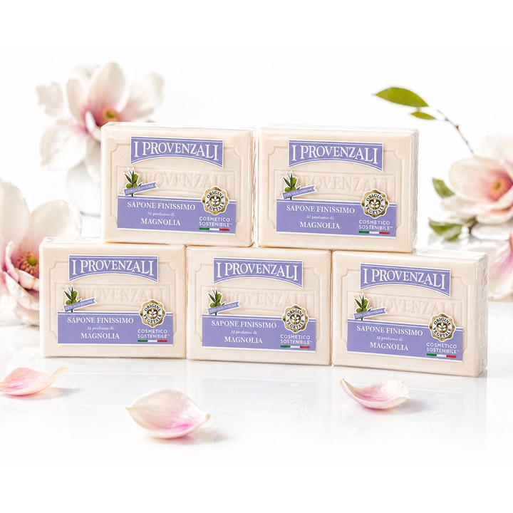 Комплект 5 x Сапун I Provenzali Magnolia 100 г, с маслиново масло, Деликатно почистване, Елегантен флорален аромат, Растителен произход, Внос от Италия