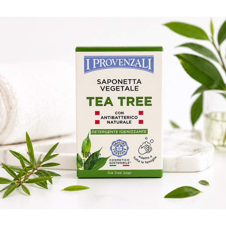 I Provenzali Растителен сапун Tea Tree 100 g, Дълбоко почистване, Натурален антибактериален, За лице и тяло, Подходящ за цялото семейство, Внос от Италия
