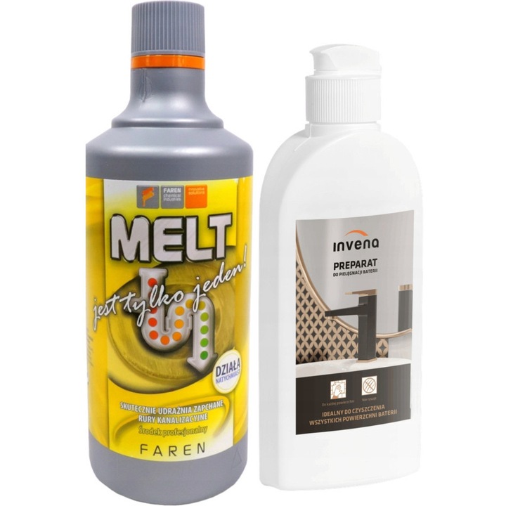 Erős lefolyótisztító és szifon duguláselhárító Faren Melt 750ml plusz csaptelep ápoló folyadék 200ml