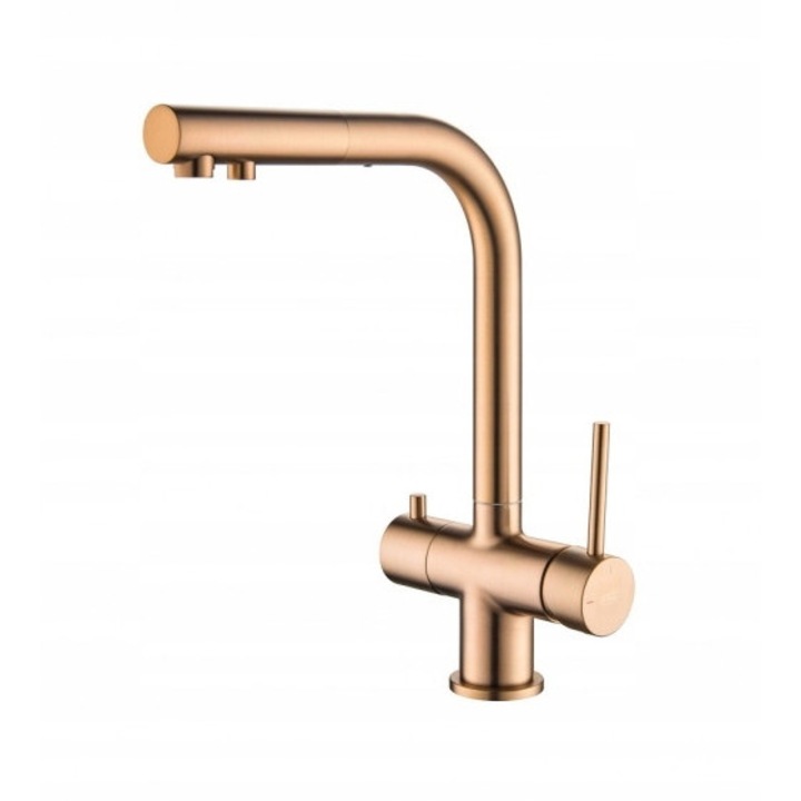 Baterie bucatarie Blue Water Apala, dublu circuit, cu furtun extensibil, cupru, inox, 35mm