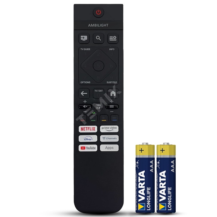 Telecomanda TEMIX®, compatibila Philips, 398GR10BEPHNE000SY, fara Bluetooth, cu butoane dedicate Youtube, Netflix, Prime Video, Disney+, baterii incluse