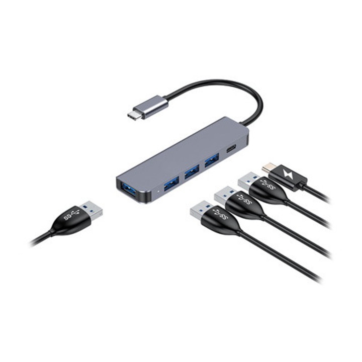 ХЪБ 5 в 1 USB-C, PLATINET, 100W, 4 USB-A 3.0 порта, алуминий
