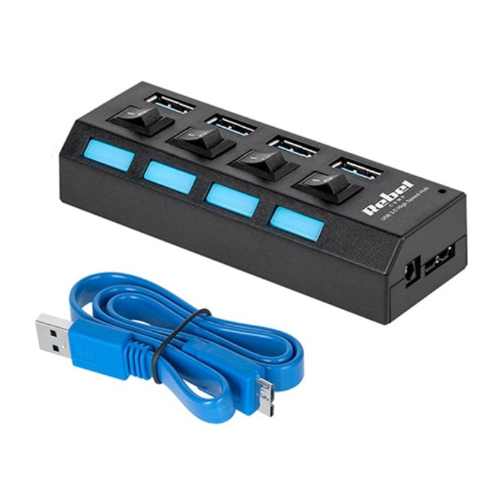 USB 3.0 хъб с 4 порта, REBEL, черен, Plug & Play