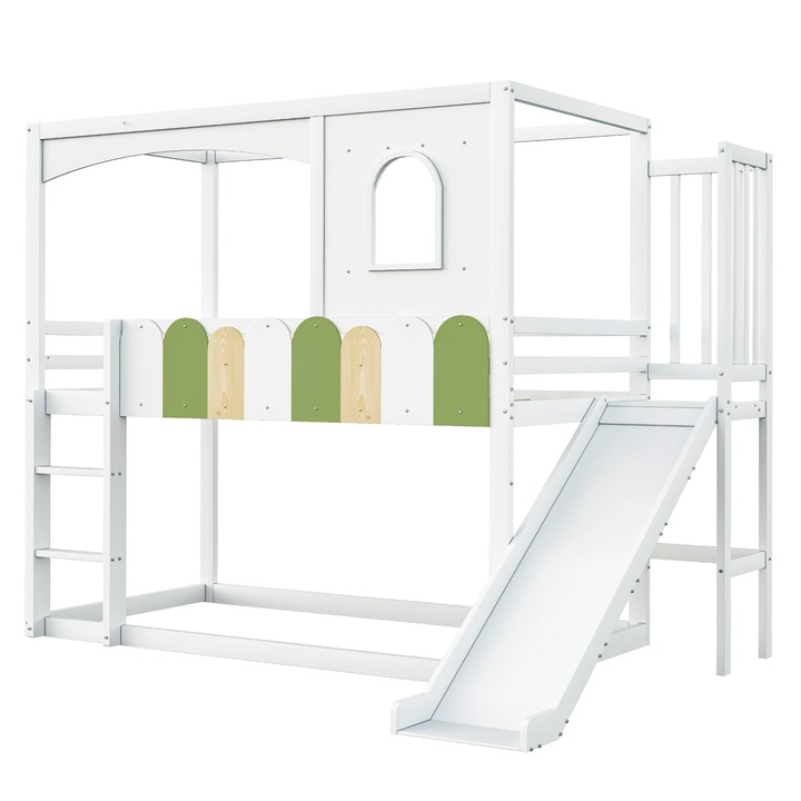 Pat supraetajat pentru copii, Pat tip casa 90 x 200 cm, Cadru in forma de casa cu ferestre, Tobogan, Scara de siguranta, Lemn, Alb