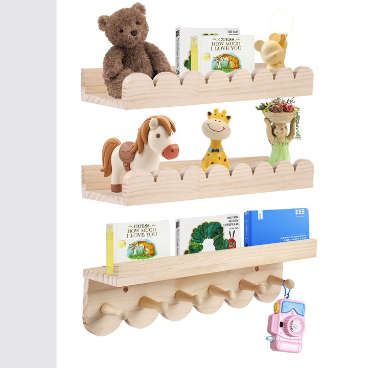 Gyerekszobai polcok, 3 db-os fali polc szett, 40 cm, Falra szerelhető, Lebegő, Montessori, Fa, Könyveknek és játékoknak, Többszínű