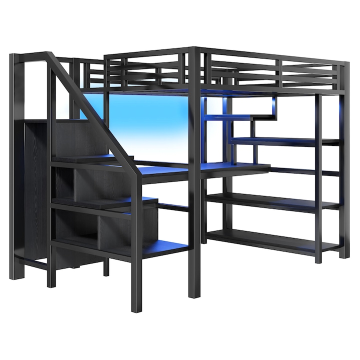 Pat tip loft 140x200 cm, Cadru metalic, Birou in L, Dulap, Scara cu spatiu de depozitare, Iluminare LED, Negru