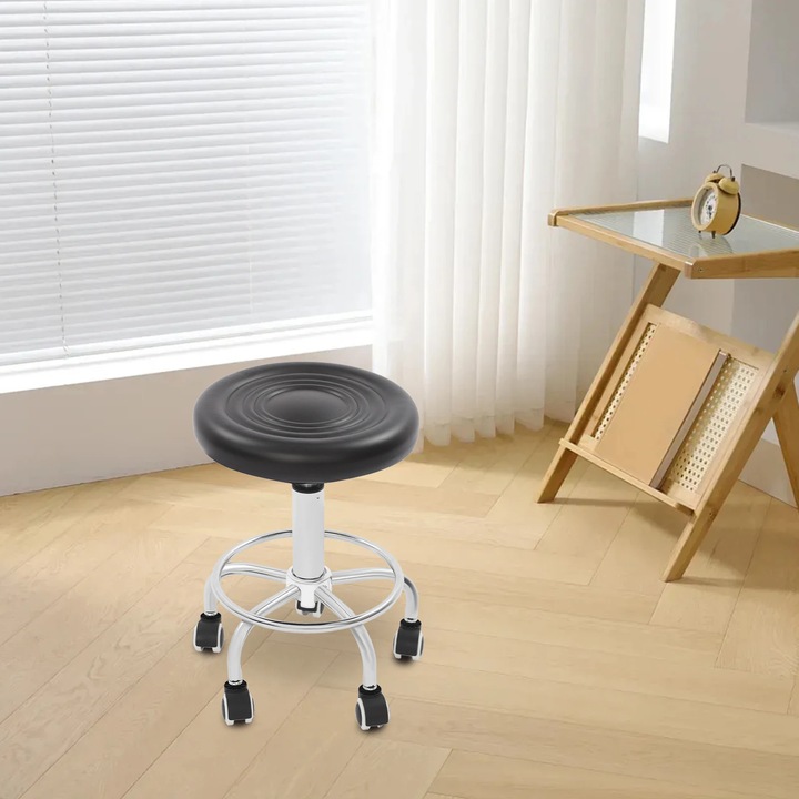 Scaun de bar cu roti, Taburet salon, Reglabil pe inaltime, Rotire 360°, Cadru metalic, Sezut tapitat, Necesita asamblare, Negru