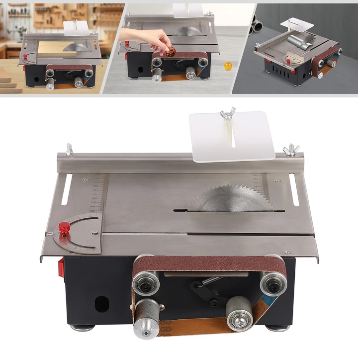 Fierastrau circular de masa mini, Fierastrau de banc cu slefuitor cu banda, 200 W Putere, Compact, Pentru lemn plastic piatra metal, Alimentare AC, Gri