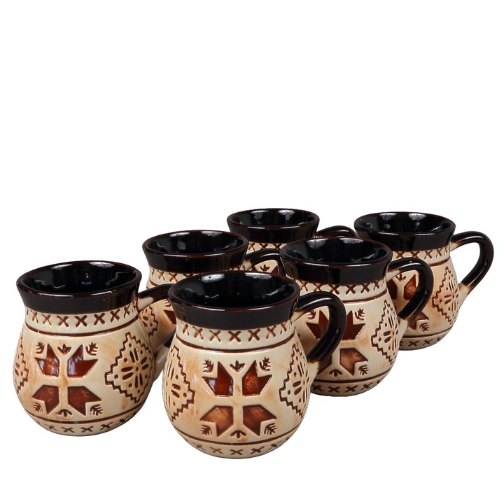 Set 6 Cani din Ceramica cu Motiv Arhaic, 400 ml, pentru Vin, Ceai sau Vin Fiert, Model Rustic, Maro/Crem