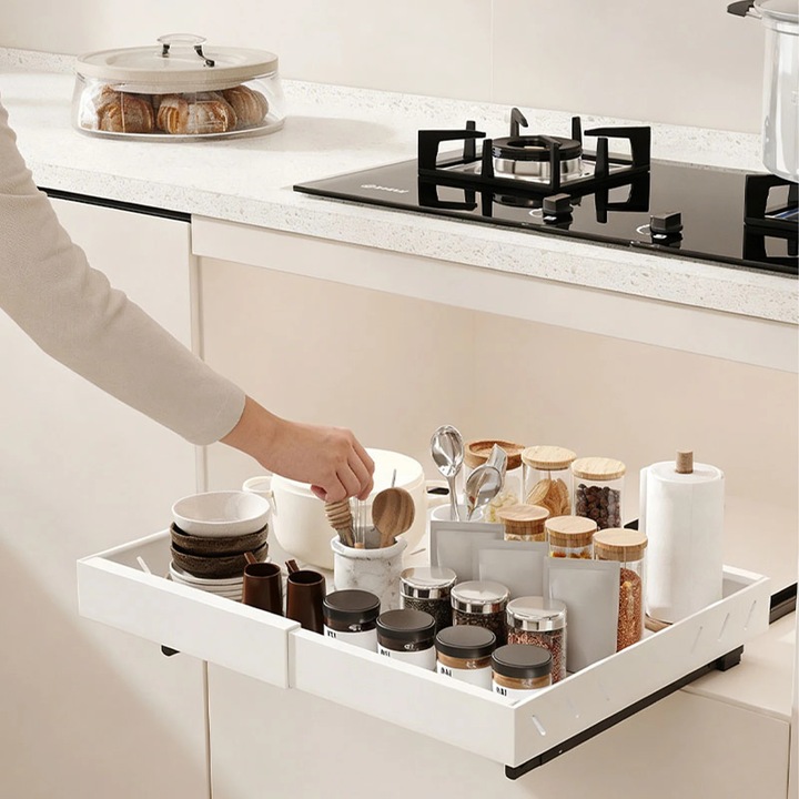 Organizator dulap bucatarie, Raft condimente extensibil, XXL, 3 Nivele, Telescopic 32–52 cm, Otel, Galben deschis