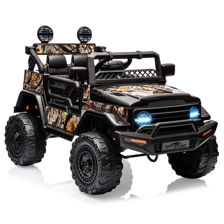 12V-os elektromos autó gyerekeknek, Ride-on kisautó, Távirányító, Rugós felfüggesztés, LED lámpák, Bluetooth, 3 sebesség, 4 kerék, Fekete