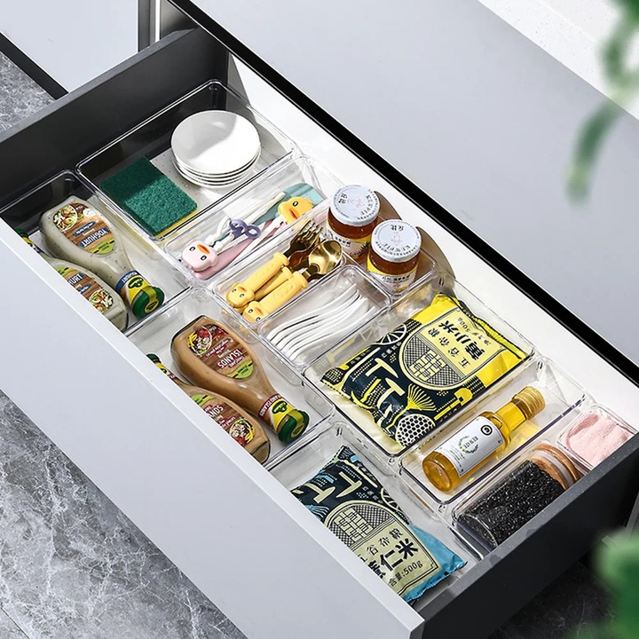 Set organizator pentru sertar, Inserturi pentru depozitare, 25 bucati, 4 marimi, Dreptunghiular, Plastic, Pentru machiaj si bijuterii, Transparent
