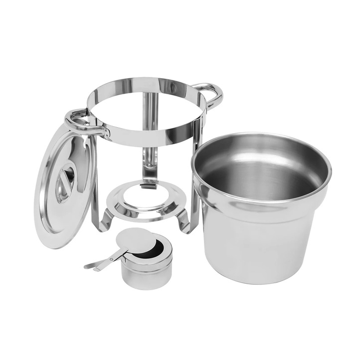 Нагревател за бюфет, Chafing Dish, капацитет 7 л, неръждаема стомана 201, полиран, с капак, височина 30 см, сребрист