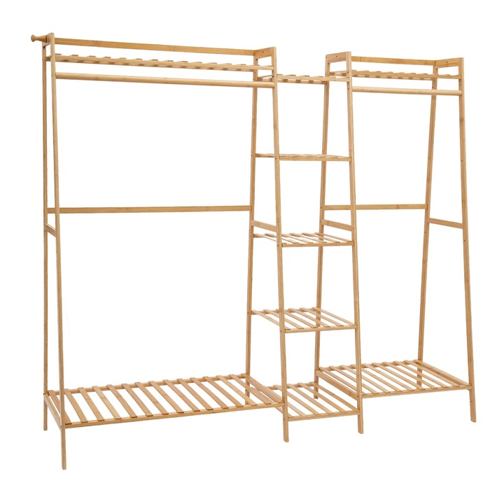 Suport haine din bambus, Cuier de podea, Design minimalist, Stabil si durabil, Cadru trapezoidal, Depozitare multifunctionala, Dormitor, Bej