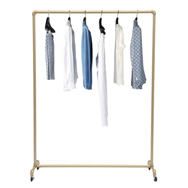 Stativ haine, Stender pe roti, 4 Roti, Mobil, Pentru Sarcina Grea, Metal (Fier), 120 x 40 x 160 cm, Auriu
