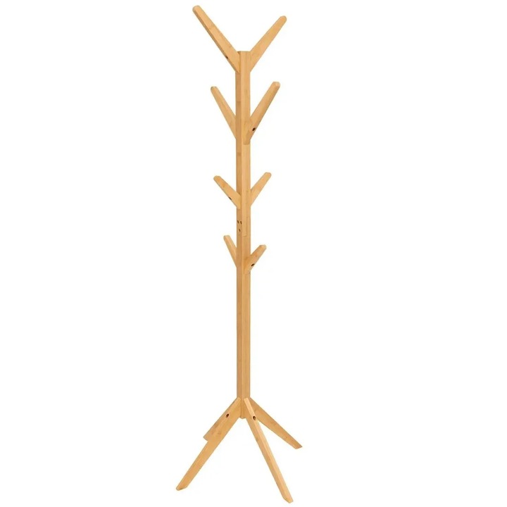 Bambusz ruhafogas 8 akasztóval, természetes design, átmérő 60x179 cm, stabil, elegáns, természetes barna