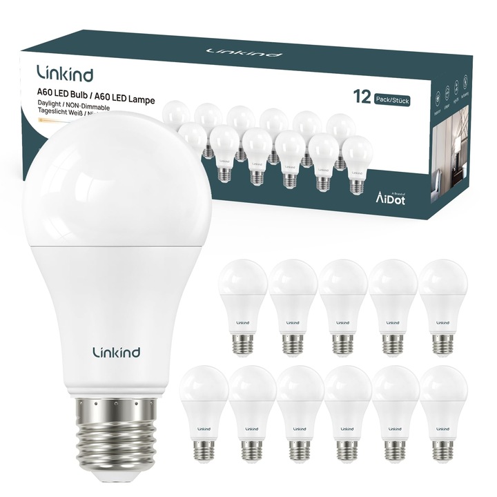 Set 12 becuri LED Linkind, E27, 13.5W, echivalent 100W, 5000K lumina rece, 1560 lm, Clasa Energetica E, culoare Alb
