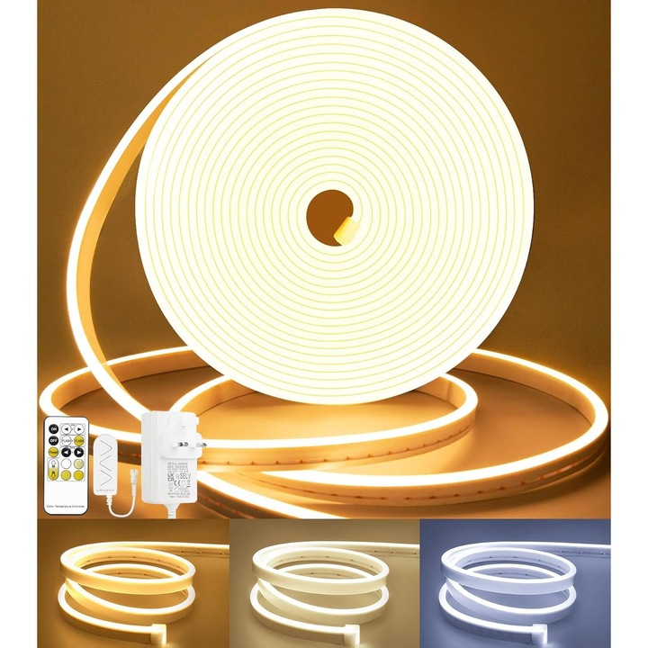 Banda LED Neon Lamomo, 5 m, lumina reglabila 3000K-6000K, telecomanda RF, IP65, dimabila, Silicon, culoare Alb