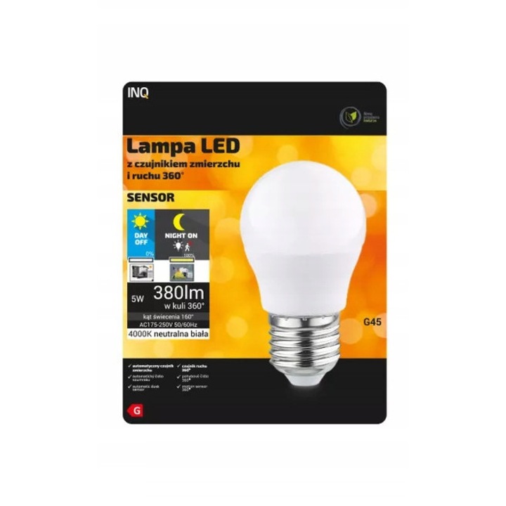 Bec LED E27 5W mozgás- és fényérzékelővel, hideg fehér, 300LM