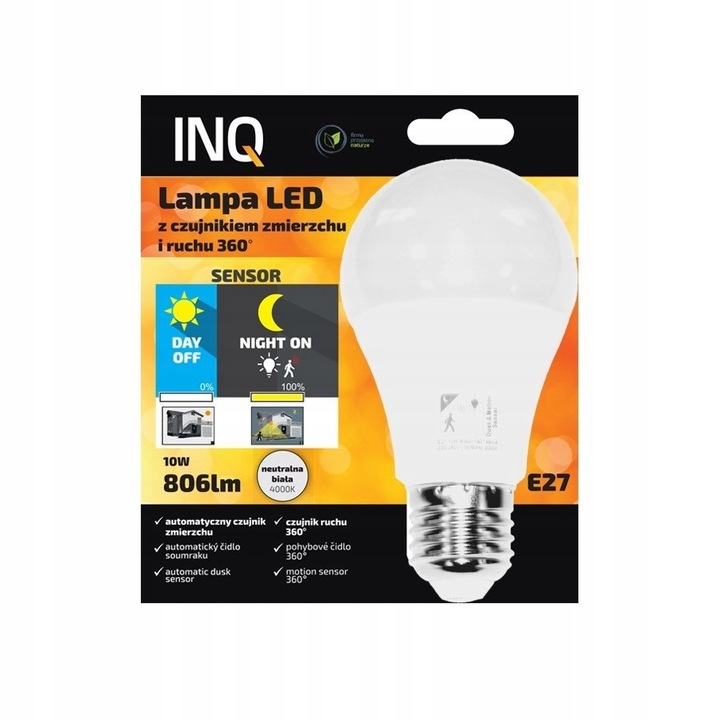 Bec LED / lámpa LED INQ ELASM010NW, E27, 10W 806lm, mozgás- és szürkületérzékelővel, semleges fehér 4000K, 1 db