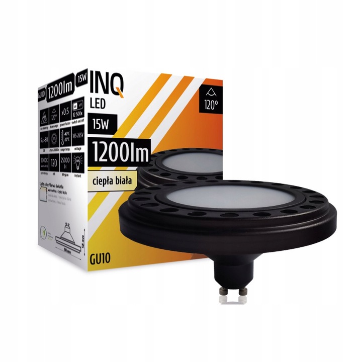 Bec LED INQ AR111 15W 3000K fekete 111x58x111mm
