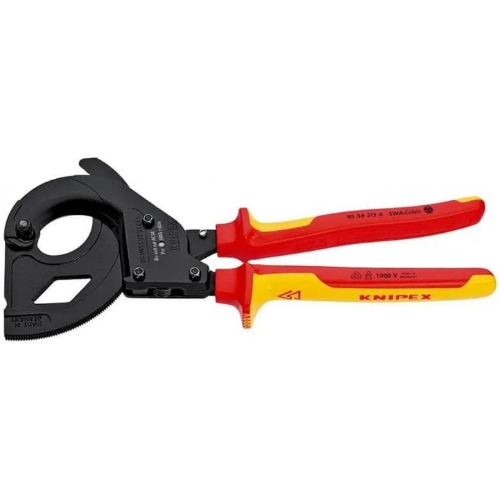 Foarfece pentru cabluri Knipex 95 36 315 A, izolate 1000 V, pentru cabluri armate cu sarma de otel (SWA), mecanism cu clichet in 3 trepte, capacitate taiere 45 mm / 380 mm2, Multicolor, 1 buc