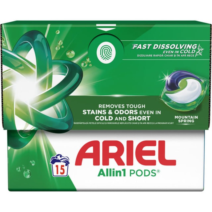 Detergent capsule pentru rufe Ariel All in 1 Pods Mountain Spring, 15 spalari - Curatare si Prospetime