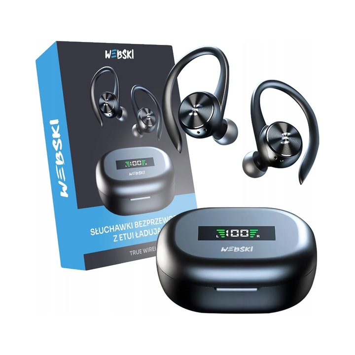 Webski TWS Bluetooth 5.0 vezeték nélküli sport fülhallgató, vízálló, fekete, 500mAh töltőtokkal