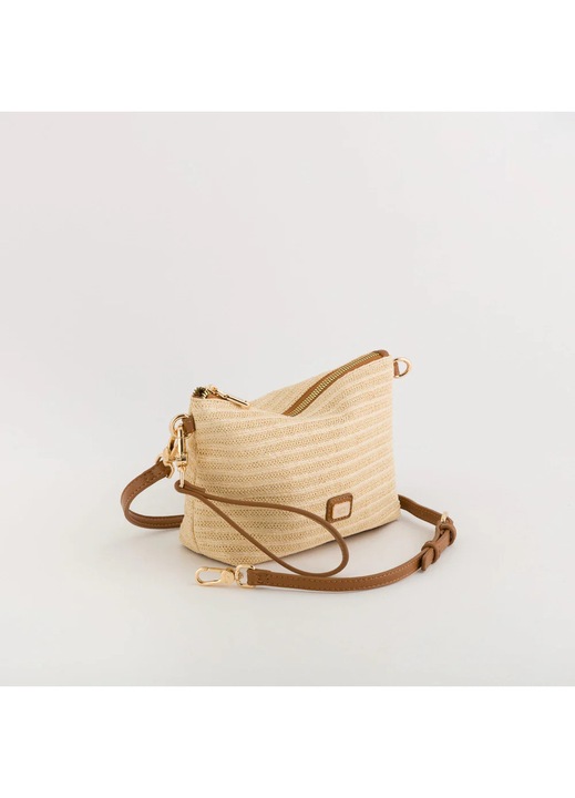 Geanta tip pouch / crossbody dama Carpisa Michelle, efect paie, natur/bej, cu fermoar si curea reglabila