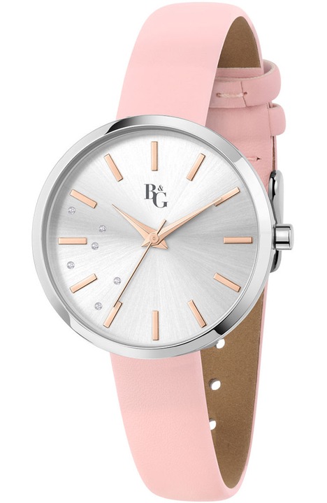 Ceas dama B&G Crystal roz argintiu zircon piele