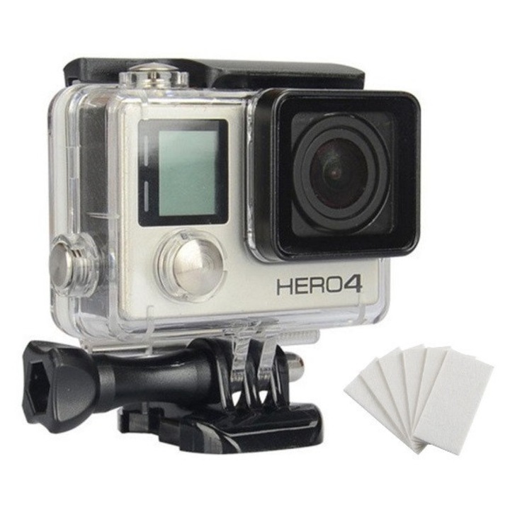 Sistemul de Prindere si Carcasa Waterproof pentru GoPro Hero 4, 3+, 3, rezistenta la soc, set cu 6 benzi anti-aburire . impreuna cu QR si Surub