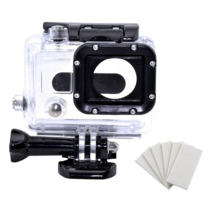 Sistemul de Prindere si Carcasa Waterproof pentru GoPro Hero 3, 3+, 4, rezistenta la soc, set cu 6 benzi anti-aburire, impreuna cu QR si Surub