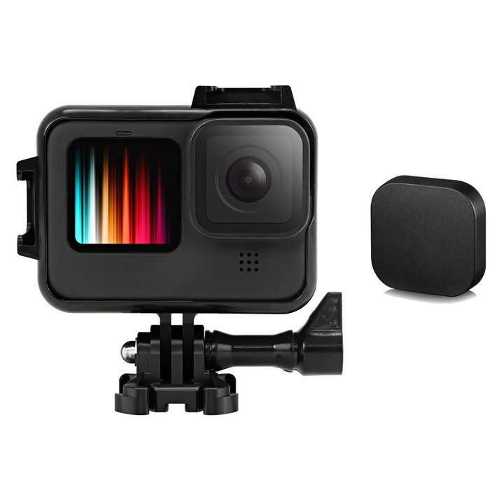 Sistemul de Prindere si Carcasa de protectie pentru GoPro Hero 9, 10, 11, 12, impreuna cu Capac de Protectie pentru Lentila, rezistenta la socuri impreuna cu prindere si surub
