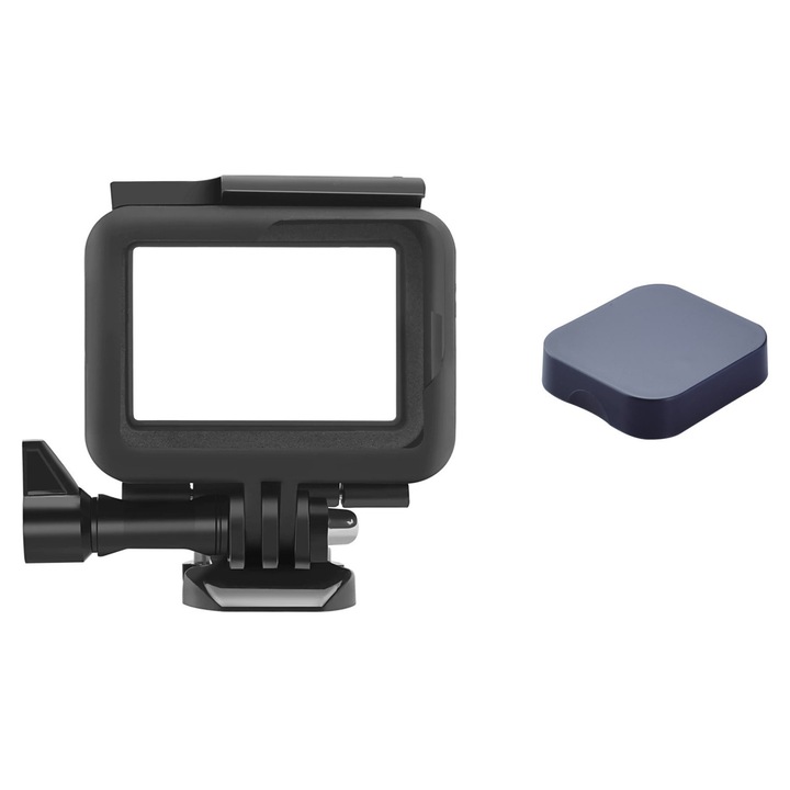 Sistemul de Prindere si Carcasa de protectie pentru GoPro Hero 5, 6, 7, impreuna cu Capac de Protectie pentru Lentila, rezistenta la socuri impreuna cu prindere QR si surub