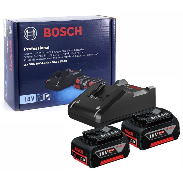 Set acumulatori Bosch 18V 4.0Ah si incarcator GAL 18V-40, rapid, compact