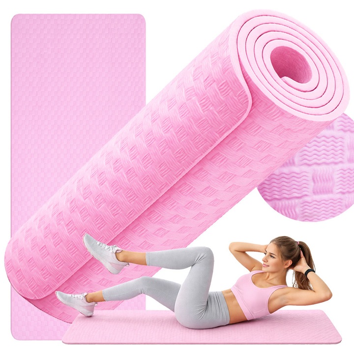 Saltea Yoga Pilates Fitness 180x60 cm, grosime 1 cm, Antiderapanta, Spuma Confort, Fata dubla, Usor de rulat, Roz