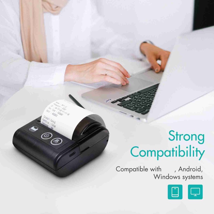 Imprimanta termica portabila 58mm, compatibilitate BT si USB, alba, 10x7x5cm