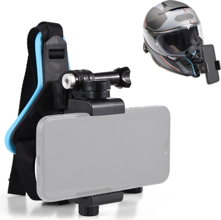 Suport casca pentru camera actiune cu adaptor si clema telefon, negru, reglabil
