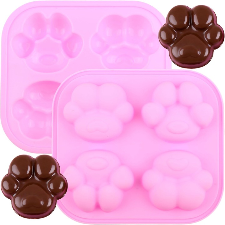 Set 2 forme silicon, amprente labute pisica, 4 cavitati, multicolor, 10x10cm